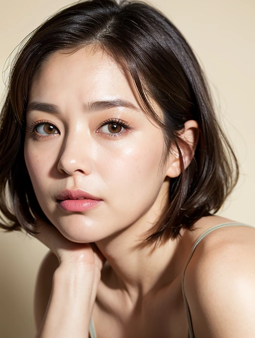 Japanese women、50 years old、Medium-haired brown hair、Wavy Hair、nude
