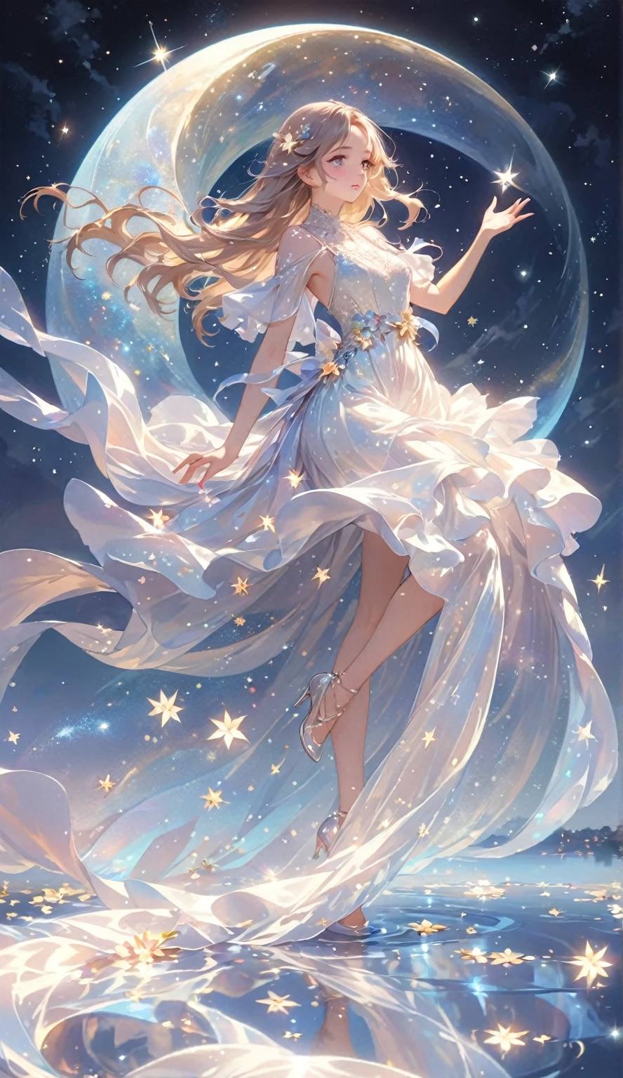 (best quality,4k,8k,highres,masterpiece:1.2),A girl standing alone under the starry night sky, with her silhouette illuminated by the soft moonlight and twinkling stars. Her face is beautifully detailed, with sparkling eyes, long and fluttering eyelashes, and exquisitely defined lips. She is dressed in an elegant gown, flowing and ethereal, embracing her figure gracefully as it glimmers with a subtle celestial glow. The intricate details of her dress catch the faint starlight, creating a mesmerizing sparkle. The surrounding landscape showcases a serene garden, lush with vibrant foliage and colorful flowers. The air is filled with a gentle breeze, causing the leaves to rustle and the flowers to sway delicately. The garden is bathed in a warm, dreamy color palette, with hues of deep blues, purples, and hints of silver. The atmosphere is calm and tranquil, evoking a sense of peace and serenity. The artwork is of the highest quality, meticulously created with ultra-detailed brushstrokes and precise attention to every element. The texture and depth of the painting are breathtaking, with a sense of realism and photorealism that captures the awe-inspiring beauty of the night sky. The lighting is soft and diffused, casting a gentle glow over the entire scene, enhancing the magical ambiance. The girl's presence radiates a sense of mystery and wonder, as if she holds a secret connected to the celestial beings above. The overall composition evokes a feeling of timelessness and captures the essence of a StarSign, an artwork that embodies the celestial beauty and inner strength of a girl in harmony with the stars. (ai-generated:.25),(dsmile:.25)