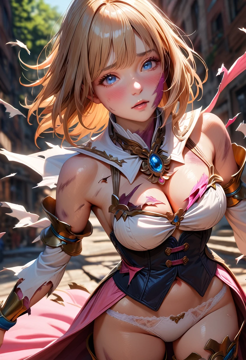 (best quality, masterpiece), very aesthetic, absurdres, high resolution, detailed face, (realistic:0.8), Ray Tracing, 1girl, Ashelia, medium hair, blonde hair, tareme, blue eyes, detached collar, brooch, white shirt, cleavage, medium breasts, detached sleeves, [bracer], black corset, pink skirt, microskirt, blue belt, thigh boots, white panties, (wounded skin, bleeding skin, Bruise skin), (Exploding Clothes, torn clothes, cloth pieces:1.2), BREAK NSFW, kneeling, (arched back), (head back:0.9), (Closed eyes), tears, sigh, blush, sweat splash, wind lift, (outdoors, ruins), cinematic lighting, diffraction spikes, three quarter view, cowboy shot, 