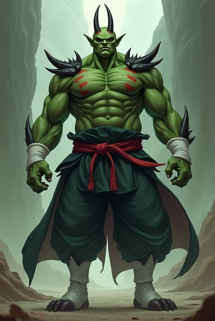 (work of art, maximum quality, best qualityer, offcial art) M eio-Orc, green skin, Standing about 1.8 to 1.9 meters tall with a slender build, but muscular. Her black hair is tied in a samurai bun, expressive blue-gray eyes, prominent lower canines. His costume includes a monk's robe in white colors with gray details. (closed in the chest). The lower body is dressed in tailored pants and reinforced boots, and a wide band of white leather. Accessories include gauntlets with gold detailing, of medieval fantasy.