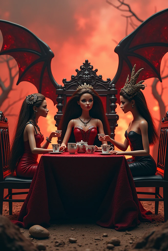 Photo shoot of 3 beautiful, sexy, hot women wearing vampire concept crowns holding red drinks while sitting on luxurious chairs and there is a Ridwangrapher nameplate