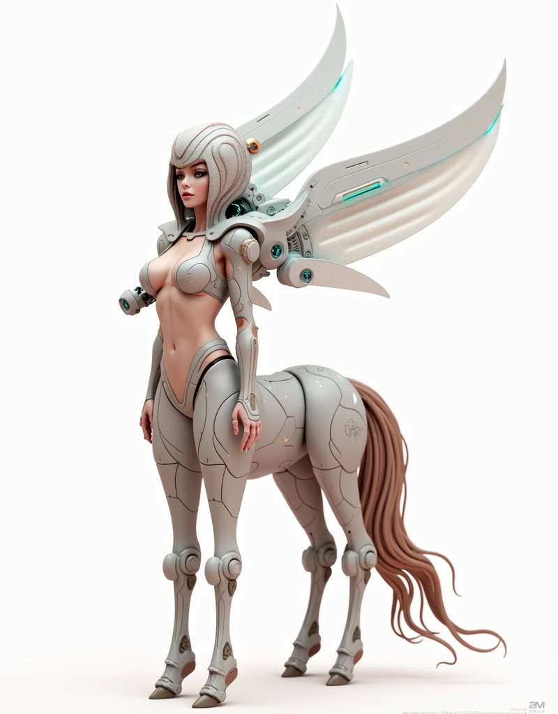 A female centaur,She is famous in the multiverse,She is both a female centaur, half human, half horse, half horse,It is also a female Yingzhao。She blends both images,The first is the head of a horse/neck/Shoulder these parts,After feminization,The upper body transforms into a beautiful female human,Female, half-centaur, half-human, half-horse, half-human,The second is the waist of the horse/hason/gluteal/Legs feminine,Female half-horse with beautiful woman's,Chimer,It's like a female human wearing a half-horse-like costume and making a seamless chimera,This chimerization is based on powerful futuristic technology。The ultra-wide-angle lens captures the image of her sleek and ethereal wings charging and leaping on the ionosphere。Her front half is distinctly feminine,Tall sexy body,Has K cup teardrop-shaped giant tit chest,It has a small man's waist butterfly spanning long legs,The half-horse part of the hind body,Embedded interface in the front half of the body hip position。The back half of her body is horse-shaped,Half-horse torso,The morphology is completely female and humanized,Start at the upper end of the sternum,Embedded in the lower back position of the beauty body,Sexy bent dog style shaped chest/lower back/Ventral transverse,Then there are the sexy beauty's upright hips,Her entire body has been completely feminized,Including the half-horse part,Mechanized armor covers the knee-shaped anti-joints and feet,And these parts are highly anthropomorphic,This gives her legs a graceful and slender line,She has four slender legs like a supermodel,Under the legs are skinny white feet dressed in Skyscraper Heels,Use Midjourney's advanced stroke tools and color palettes, as well as texture packs, model packs, and texture tools,Concentration,Femaleize all parts of her original equine physiologic appearance,And give these parts an ergonomic appearance,Fine treatment of the thoracic and abdominal cavity of the posterior body,As well as hips and legs,Tightly connected details