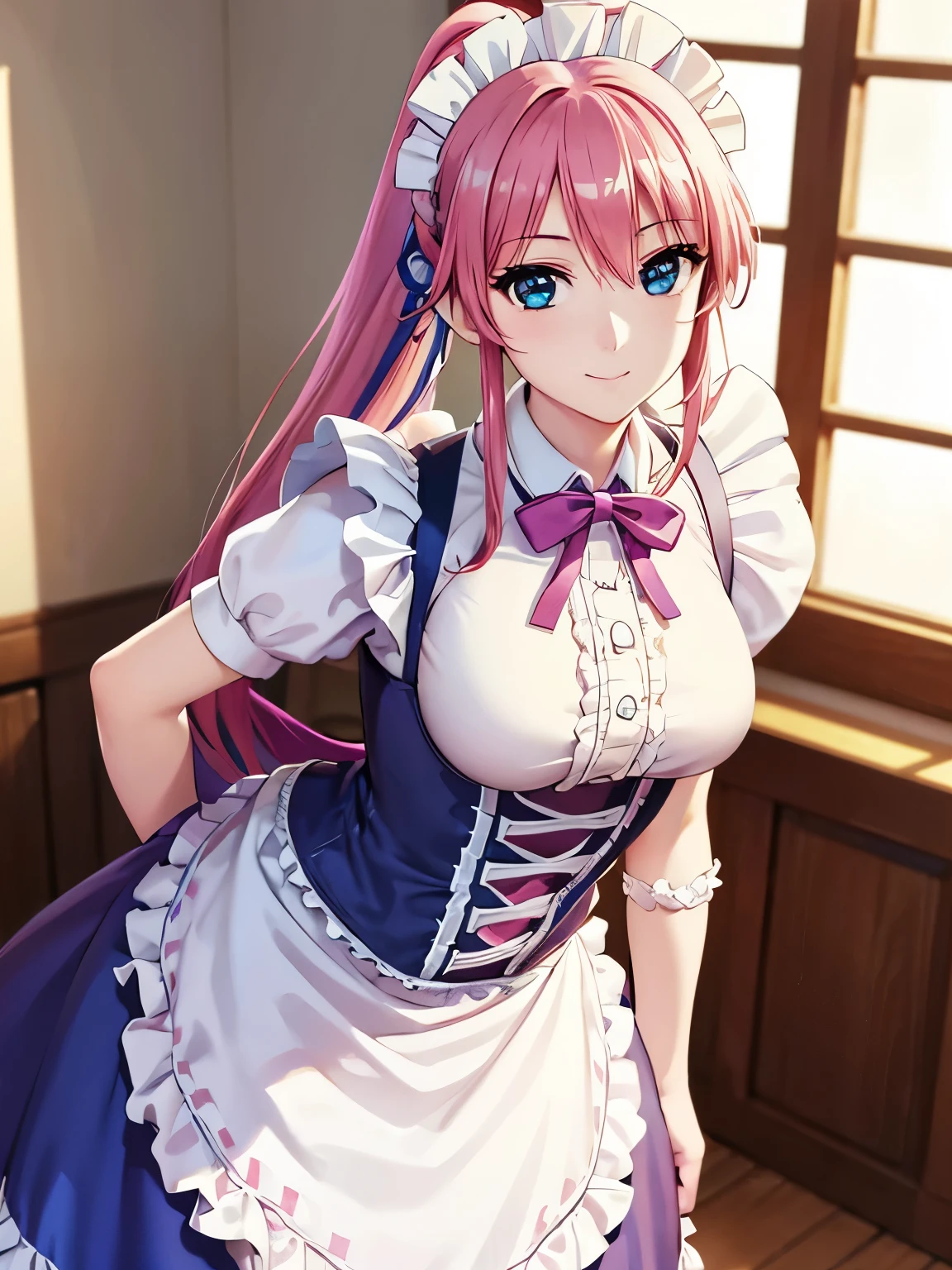 Highest quality、(Anime illustration style),Otome、One Girl、Photographed from the front、High resolution、Are standing、bedroom、bed、Pink long hair、ponytail、Beautiful pink hair、Beautiful and captivating sky blue eyes、smile、Highly detailed face、Closed Mouth、smile、shirt、White maid outfit、(victorian maid outfit:1.5)、Bright blue eyes、Beautiful Eyes, Sharp pupils、(Genuine、Realistic、Realistic:1.3)、High resolution、超High resolution,Leaning forward