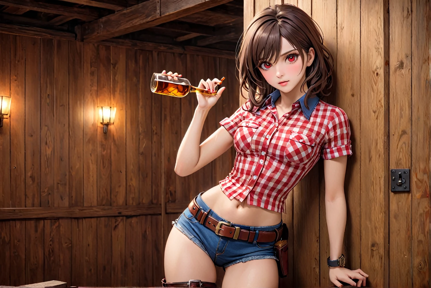 (((Female gunslinger:2.0))),(((NSFW:0.5))),(((Wearing denim hot pants:1.5))),(((Wear a red checked short-sleeved collared shirt:1.5))),(((Wear a gun belt with a holster:1.8))),,((Put the watch on your wrist:1.5))),(((Exposed thin inner thighs))),(((Small breasts:1.5))),(((Navel exposed:1.5))),(((Bare arms))),(((Wearing boots:1.5))),((Blushed:1.8)), Beautiful details, Very detailed目と顔, 緻密でBeautiful Eyes, Very detailed, High resolution, Highest quality, masterpiece, Very detailed, 8k wallpaper, wonderful, finely, Highest quality,(Standing in front of a wooden wall),Beautiful Eyes,((Engage your audience:1.2))),((Drinking whiskey:1.0)),(((Frightened face:1.5)))