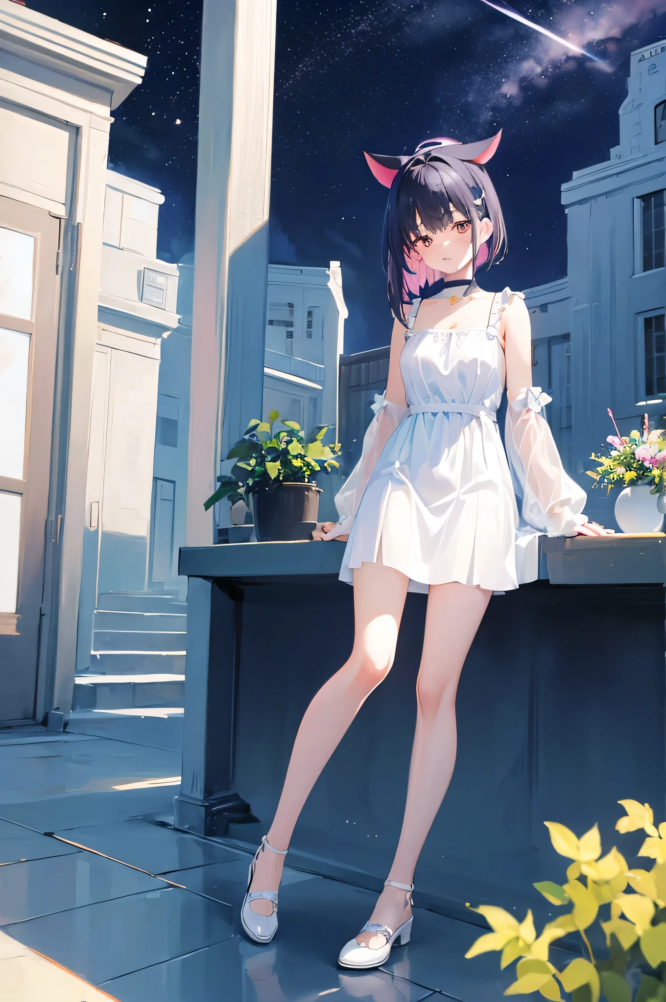 (((White dress)))、((Blue Archive))、((Cat ears))((Kazusa))、(Background Night)、( (Situation Date))