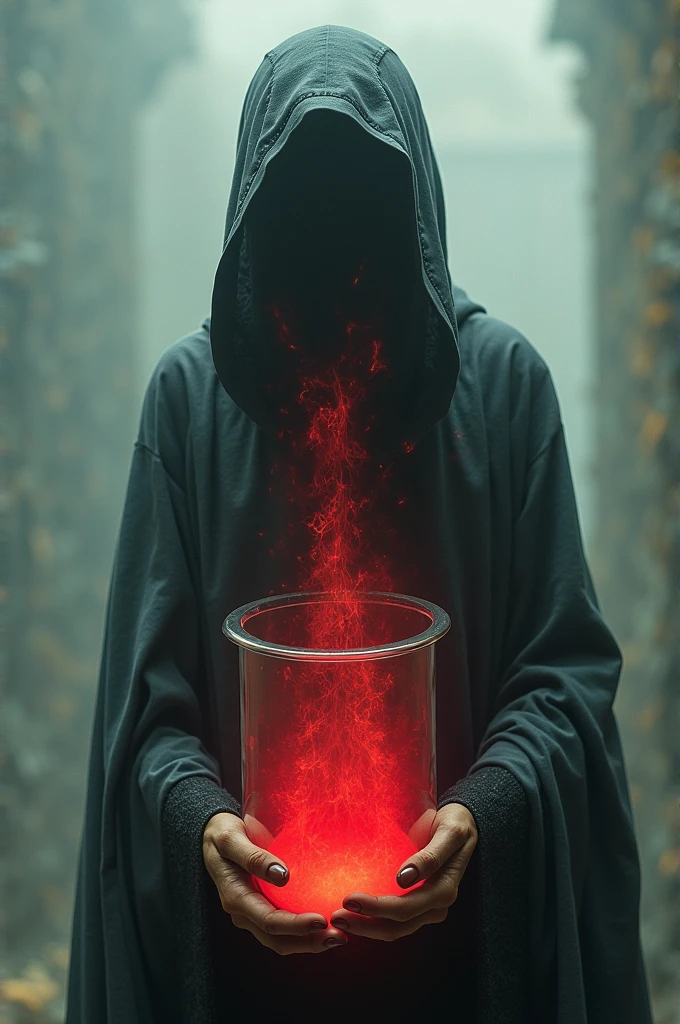 A witch with a cauldron at sunset with a lot of blood