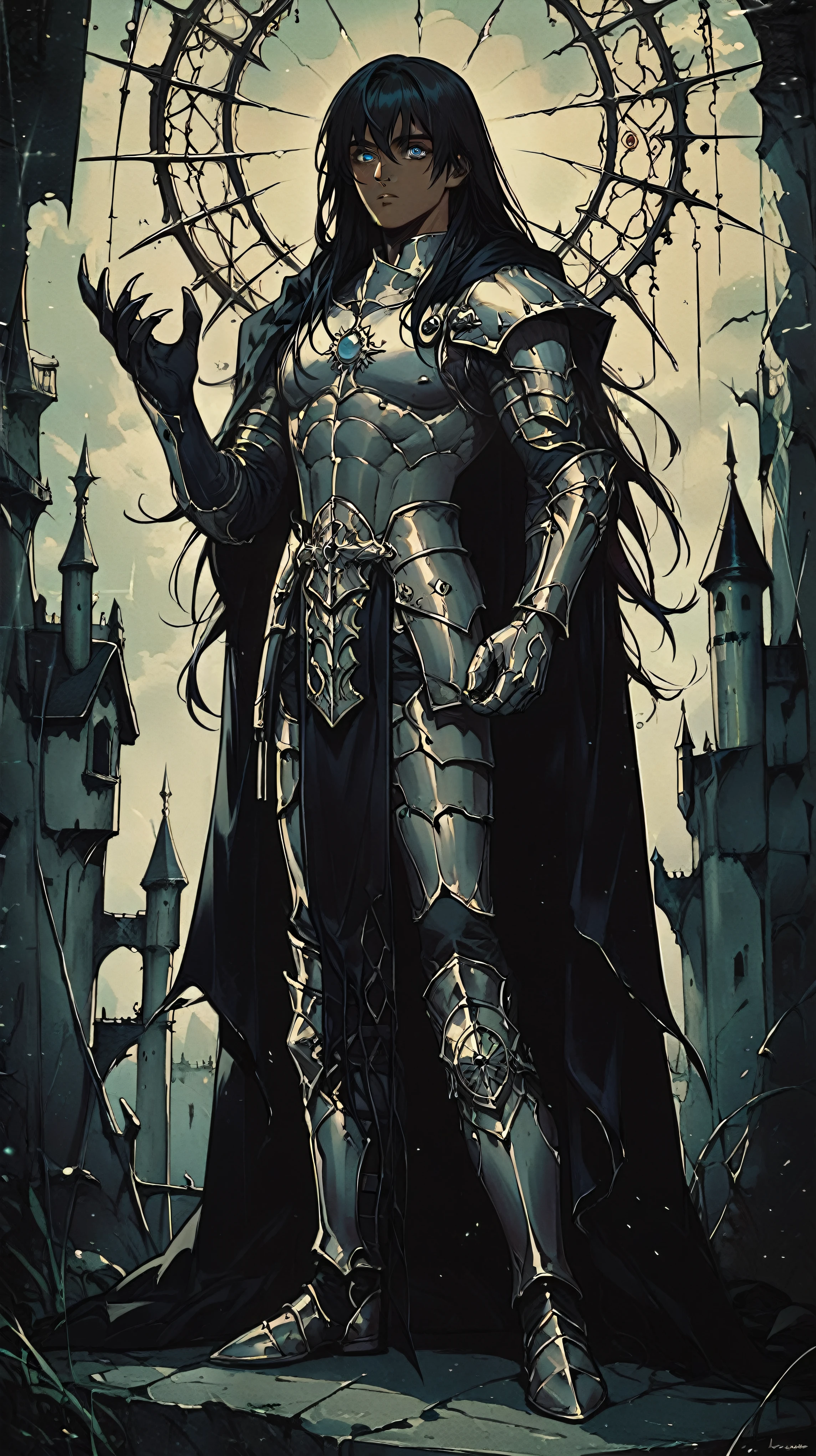 Man Dark skin, yelow Eyes,Black long hair,full body black armor with black hair on the shoulders, Dark armor breastplate, tattered black cloak, clawed gloves, full body, dark castle