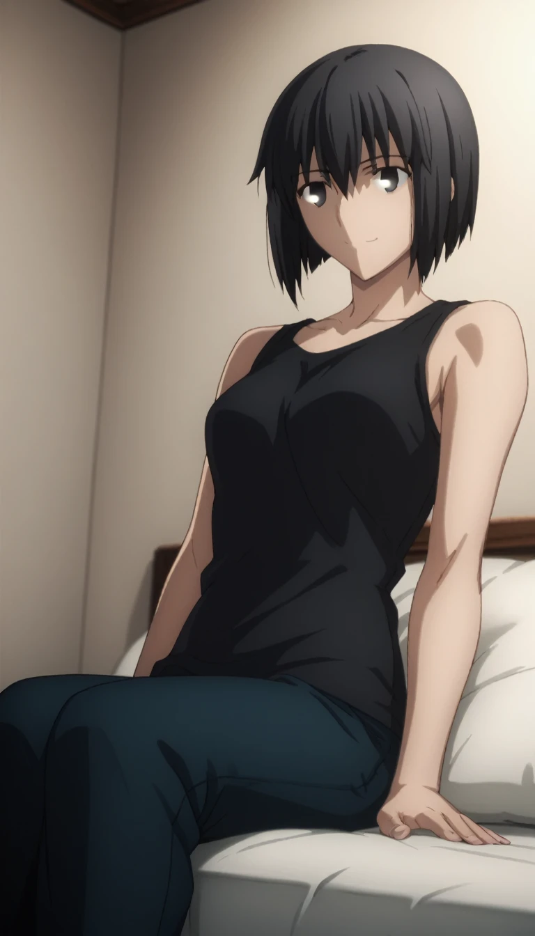 mikasa ackerman, (A darK-haired:1.3), hair between the eyes, looking at the camera, no clothes just wearing a black bra and black panties, wearing no shirt, without pants, squat position, opening your legs towards the camera