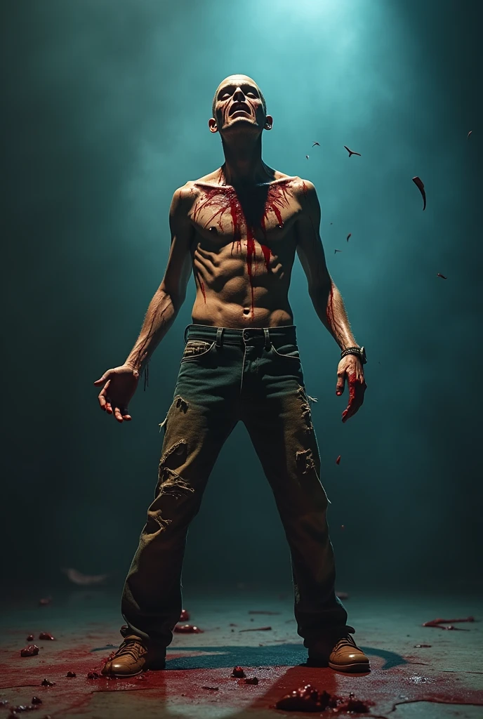 Colin O' Donoghue Killian Jones, with short black hair was kidnapped and is now tied with a rope to the ceiling in a dark room. The atmosphere is scary, dark and cold. He is beaten up, bleeding all over his body and wears nothing than a torn, black jeans. His hair is messy and he looks exhausted. Make it fullbody, hyperrealistic and cinematic. 