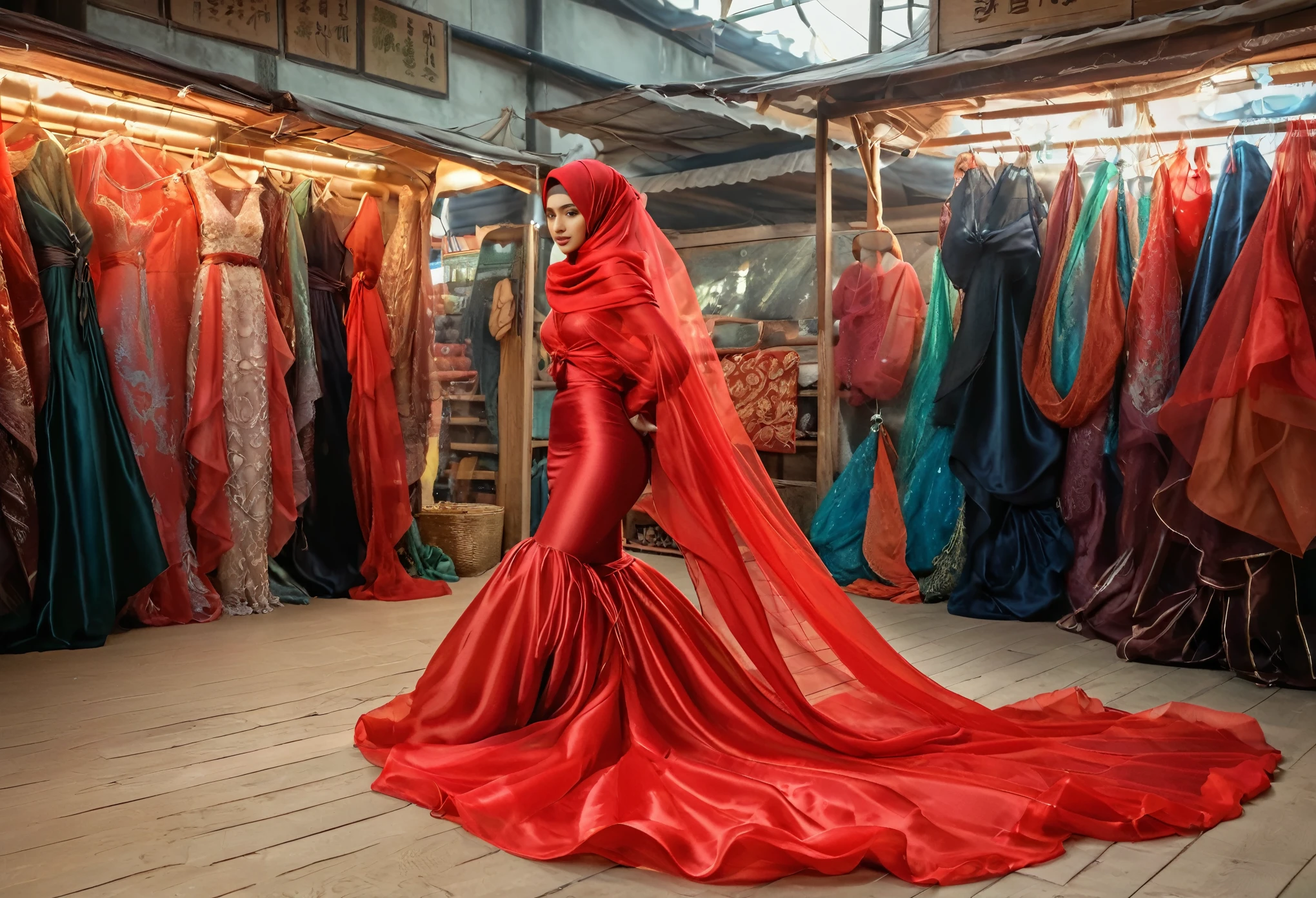 A woman shrouded in 9 meters of red organza fabric, tight wrapped from the waist to the thighs and mermaid shape on the bottom of dress, tied tightly and magnificently draped along her body shape, 9 meter long flowing dress tail on the floor, strugle to handle her dress,styled in mermaid inspired clothing, her head is simply veiled in a satin hijab, 185cm tall woman, standing in traditional market, full body pose conveying an elegant impression, caught on camera in resolution 4k, very realistic