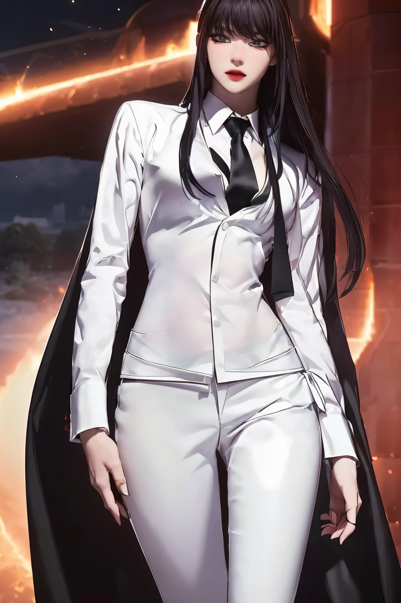 ((Masterpiece, best quality, very detailed), Volumetric light, surrounding occlusion, Rich and colorful, glow), 1 woman, , young girl, (Smooth black), long hair, radius, sacred, goddess, CEO Luke, (black suit, White shirt and red tie:1.3), armor, outdoor, sunset, sky, cloud, space, (Fantasy Theme:1.2),