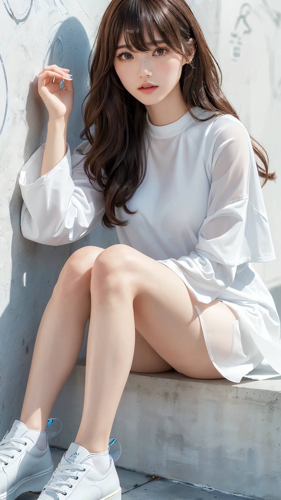 ( Highest quality、High resolution:1.4、Very attractive beauty、A charming beautiful woman、Wavy Hair、Long Hair、Shiny Hair、bangs:1.4、光沢のあるbangs:1.4)、1 girl、Wearing a jacket、Training wear、black_Sheer skirt、Red stiletto heels, glossy lips, Big eyes)、((White mortar mural background))、((Long neck))、Very cute supermodel、(((whole body、Glowing Skin、Thin legs、Even the shoes are visible)))、portrait、Ultra-high quality faces、Korean Idol