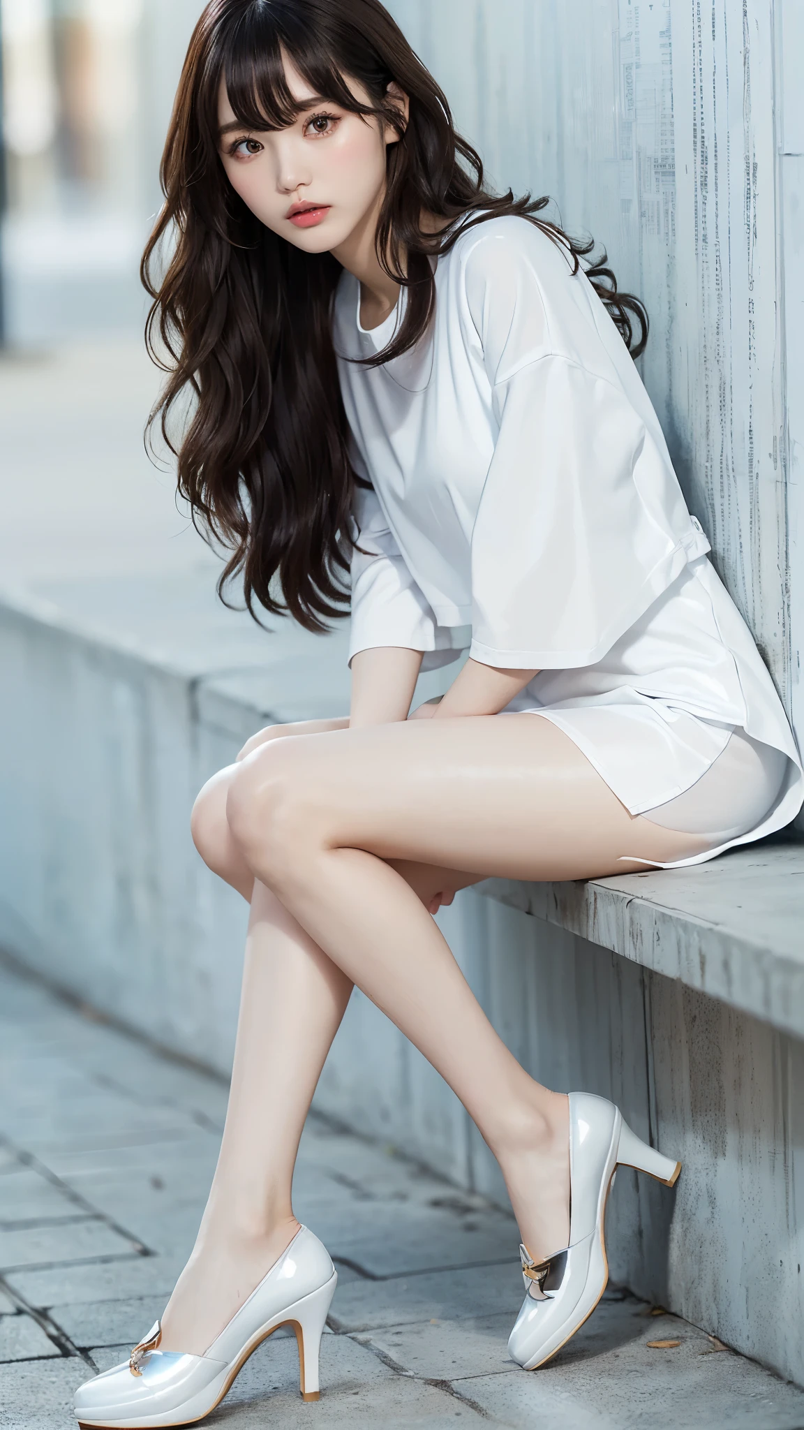 ( Highest quality、High resolution:1.4、Very attractive beauty、A charming beautiful woman、Wavy Hair、Long Hair、Shiny Hair、bangs:1.4、光沢のあるbangs:1.4)、1 girl、Wearing a jacket、Training wear、black_Sheer skirt、Red stiletto heels, glossy lips, Big eyes)、((White mortar mural background))、((Long neck))、Very cute supermodel、(((whole body、Glowing Skin、Thin legs、Even the shoes are visible)))、portrait、Ultra-high quality faces、Korean Idol