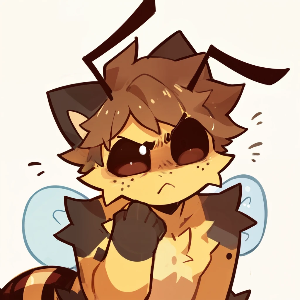 Boy bee bee body bee tail bee stinger messy hair covering his eyes brown seductive face big penis erection bee antennae