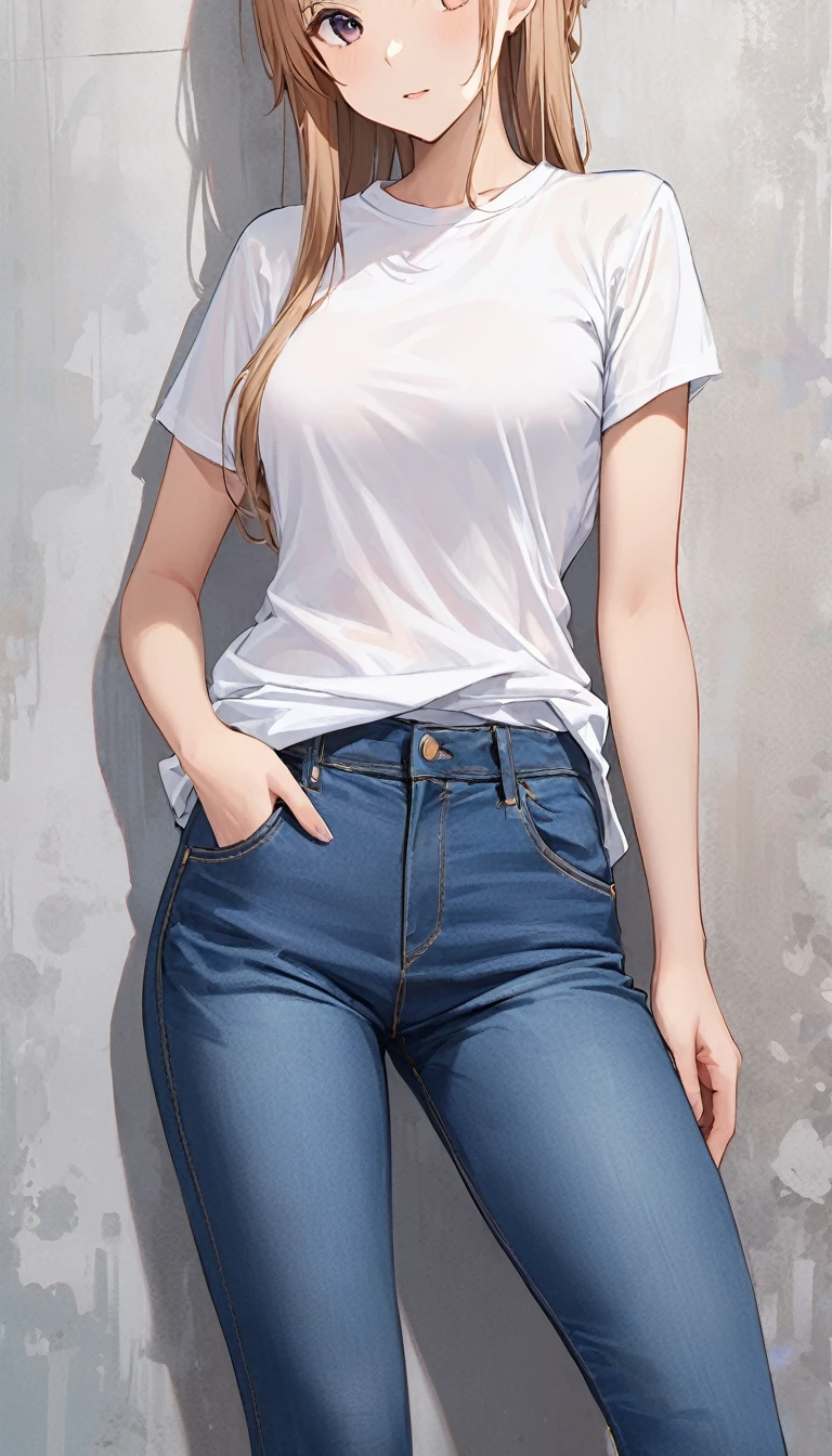 Yuuki Asuna、Highest quality、unity 8k wallpaper、32K、Very detailed、Ultra-high resolution、Very detailedな顔、RAW Photos、Professional、Ultra-fine painting, White T-shirt、Slim jeans、