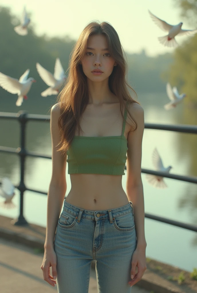 A serene and ethereal portrait of a young woman standing on a bridge by ...