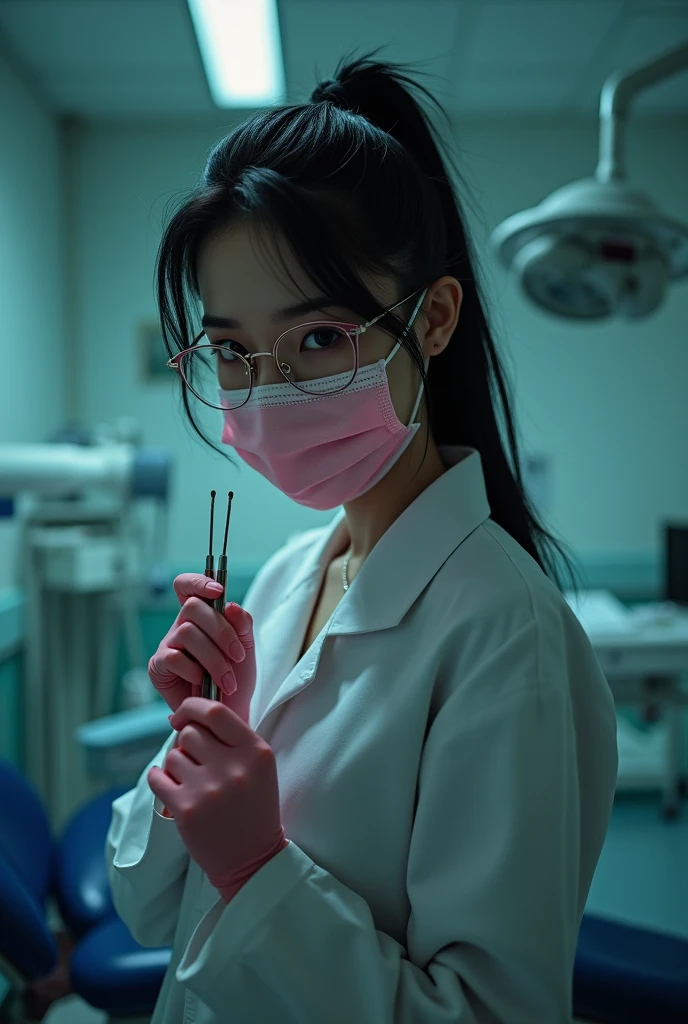 1girl, makima \(chainsaw man\) ((dressed like a surgeon)) ((wearing a green surgical gown a green surgical mask and long white surgical gloves)) ((she's holding a scalpel and has blood on her gloves and surgical mask)) ((the background is an operating room))