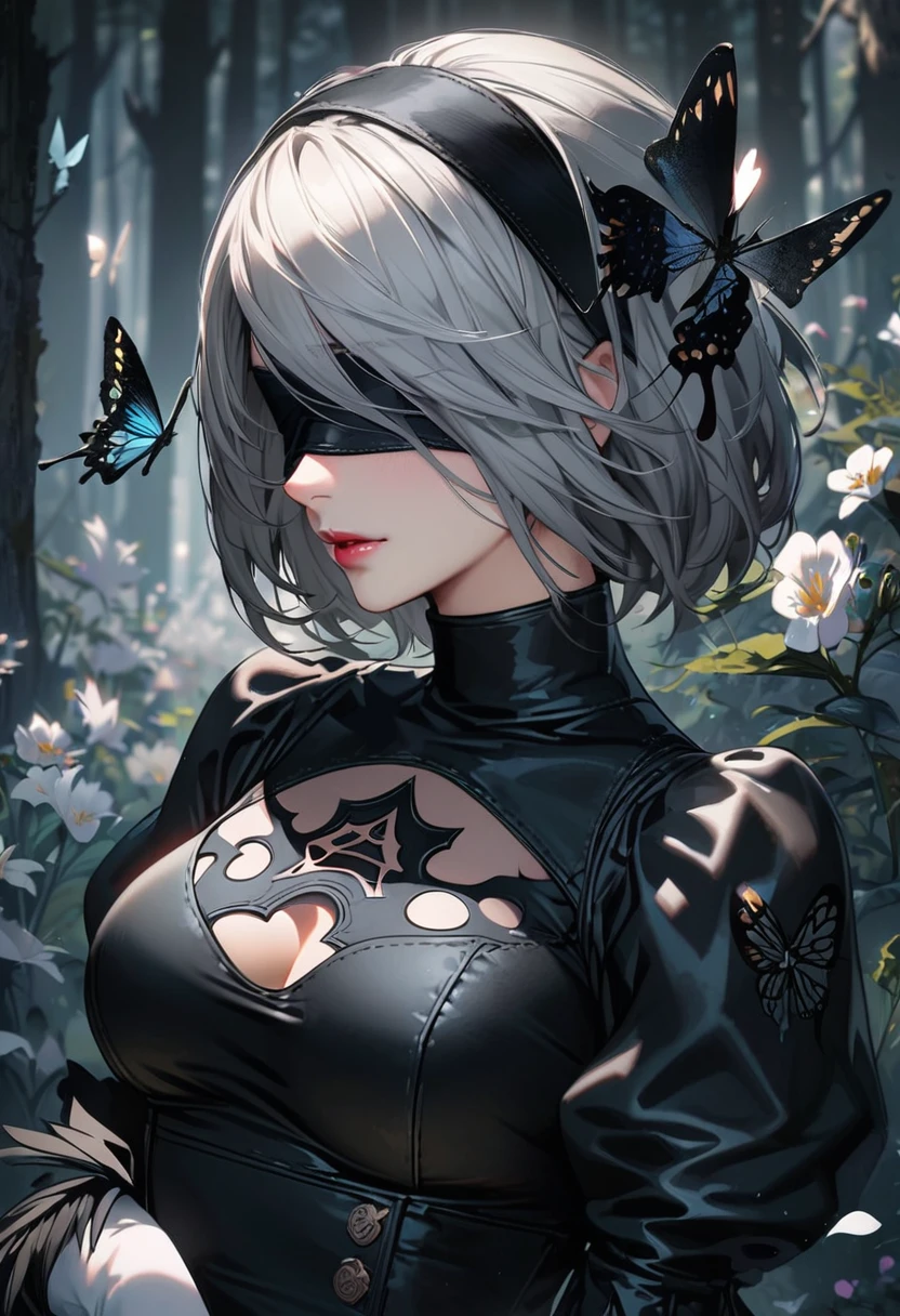 Ultra detailed, highres, absurdres, HDR, 2B, Nier Automata, white hair, eyes blindfolded, extremely beautiful, 1 adult woman only, pink forest, butterflies, flowers, petals, black clothes,