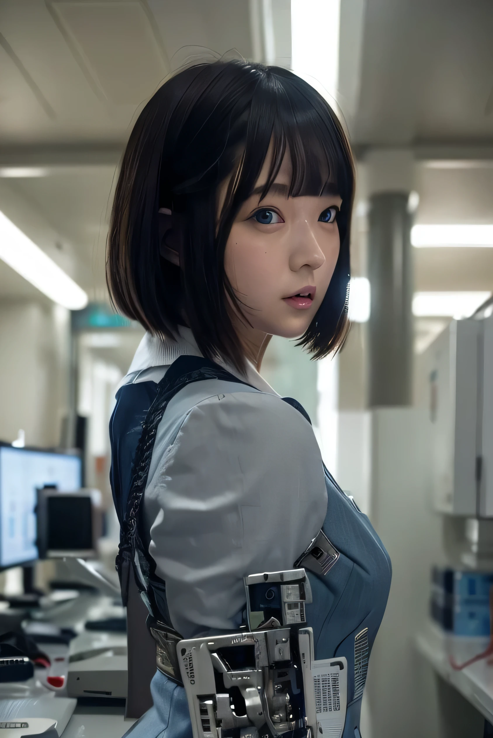 masterpiece, Best Quality, Extremely detailed, 8K portrait,Japaese android girl,Plump , control panels,Robot arms and legs, Blunt bangs,perfect robot girl,a bit chubby,white gloves,chest monitor,blue eyes,Charging spot,She is exhibits,exibition hall,promo girl,office-lady