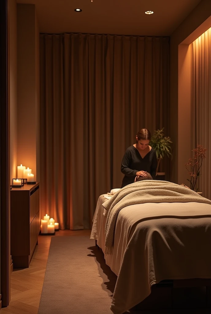 A girl lies on a massage table, bare back, spa, gray curtain, beige walls, minimalism, unreal engine, 8k, gray and beige tone, dark colors, fantasy, concept art, realism, airy, detailed, cinematic