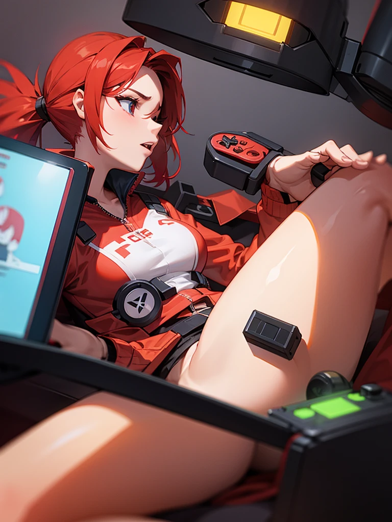 a ite slender flat chested human girl with neck length red hair and green eyes laying completely naked on a sci-fi alien medical examination table in a sci-fi alien medical lab