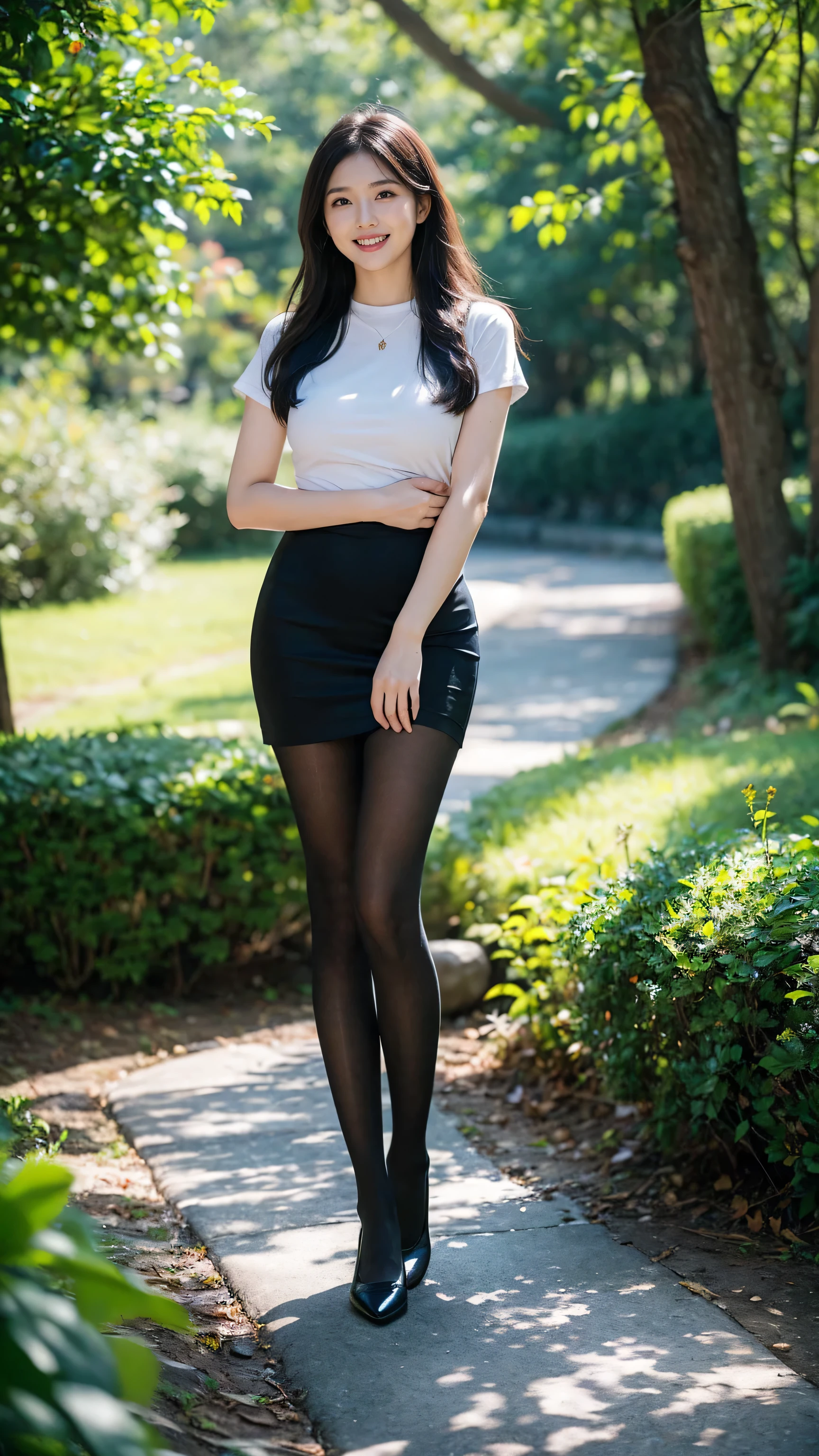 Heavy makeup,Stiletto pointed toe heels,Transparent colorless flesh silk pantyhose,Long legs,8K,on a grassy field,By bangs,Single ball head,Lace top,Skirt that wraps hips