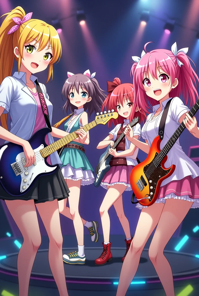 4 girls, smile、band、guitar、drum、base、vocal、Anime Style,