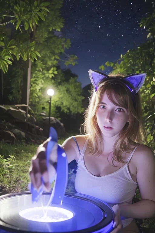 BarbaraEvenot, dans son [Neon blue] Cat ear head band, she is a scientiest studying an alien crash site, night, crater, smoke, vergreen forest