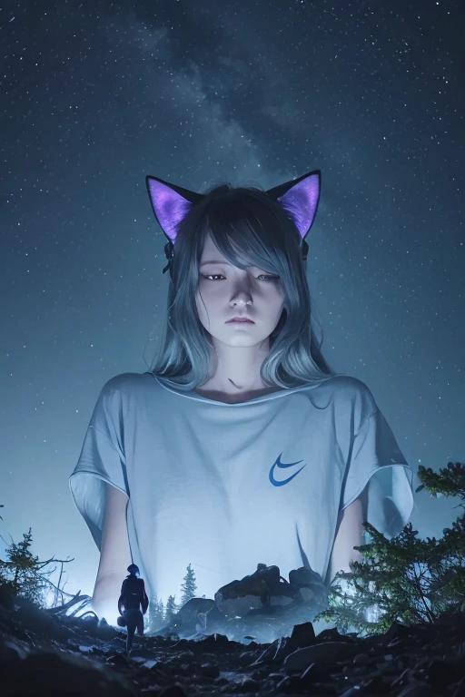 A woman with blue cat ear headband studying an alien crash site at night, crater, smoke, evergreen forest, detailed face, intricate details, cinematic lighting, detailed scientific equipment, dark and moody atmosphere, vibrant neon blue highlights, hyper realistic, 8k, photorealistic, masterpiece, professional, cinematic, dramatic lighting