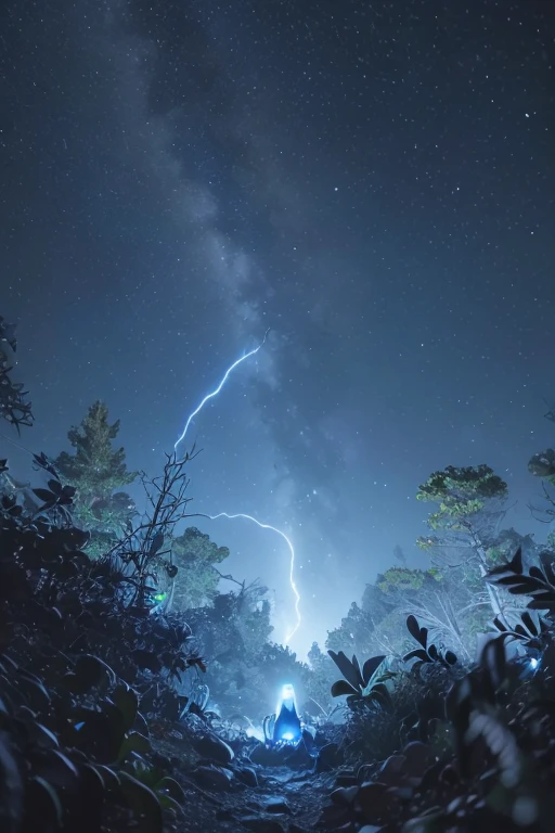 A woman with blue cat ear headband studying an alien crash site at night, crater, smoke, evergreen forest, detailed face, intricate details, cinematic lighting, detailed scientific equipment, dark and moody atmosphere, vibrant neon blue highlights, hyper realistic, 8k, photorealistic, masterpiece, professional, cinematic, dramatic lighting