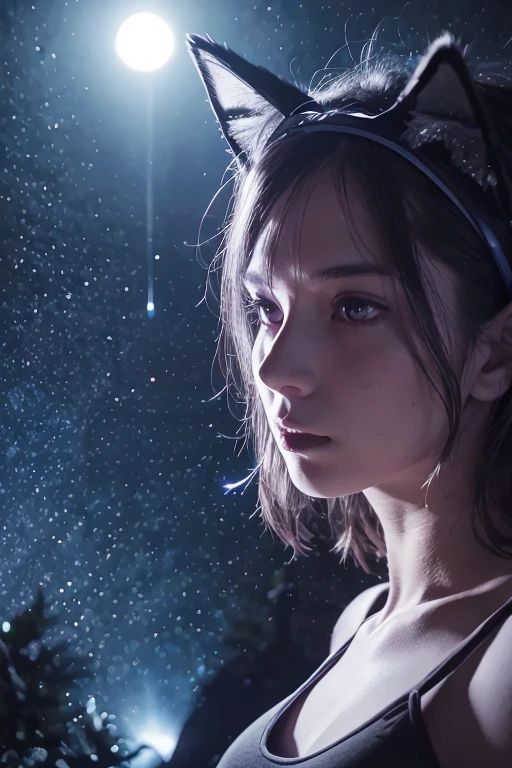 A woman with blue cat ear headband studying an alien crash site at night, crater, smoke, evergreen forest, detailed face, intricate details, cinematic lighting, detailed scientific equipment, dark and moody atmosphere, vibrant neon blue highlights, hyper realistic, 8k, photorealistic, masterpiece, professional, cinematic, dramatic lighting