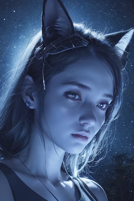 A woman with blue cat ear headband studying an alien crash site at night, crater, smoke, evergreen forest, detailed face, intricate details, cinematic lighting, detailed scientific equipment, dark and moody atmosphere, vibrant neon blue highlights, hyper realistic, 8k, photorealistic, masterpiece, professional, cinematic, dramatic lighting