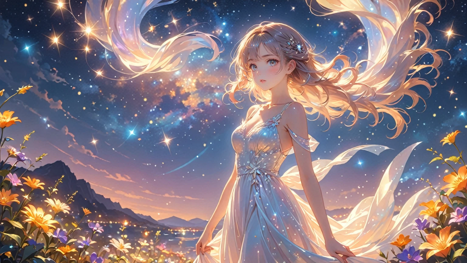 (best quality,4k,8k,highres,masterpiece:1.2),A girl standing alone under the starry night sky, with her silhouette illuminated by the soft moonlight and twinkling stars. Her face is beautifully detailed, with sparkling eyes, long and fluttering eyelashes, and exquisitely defined lips. She is dressed in an elegant gown, flowing and ethereal, embracing her figure gracefully as it glimmers with a subtle celestial glow. The intricate details of her dress catch the faint starlight, creating a mesmerizing sparkle. The surrounding landscape showcases a serene garden, lush with vibrant foliage and colorful flowers. The air is filled with a gentle breeze, causing the leaves to rustle and the flowers to sway delicately. The garden is bathed in a warm, dreamy color palette, with hues of deep blues, purples, and hints of silver. The atmosphere is calm and tranquil, evoking a sense of peace and serenity. The artwork is of the highest quality, meticulously created with ultra-detailed brushstrokes and precise attention to every element. The texture and depth of the painting are breathtaking, with a sense of realism and photorealism that captures the awe-inspiring beauty of the night sky. The lighting is soft and diffused, casting a gentle glow over the entire scene, enhancing the magical ambiance. The girl's presence radiates a sense of mystery and wonder, as if she holds a secret connected to the celestial beings above. The overall composition evokes a feeling of timelessness and captures the essence of a StarSign, an artwork that embodies the celestial beauty and inner strength of a girl in harmony with the stars. (ai-generated:.25),(dsmile:.25)