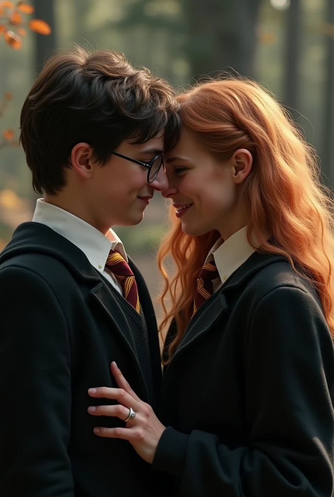 Regulus Black from Slytherin kissing James Potter from Gryffindor the two teenagers and James with round prescription glasses