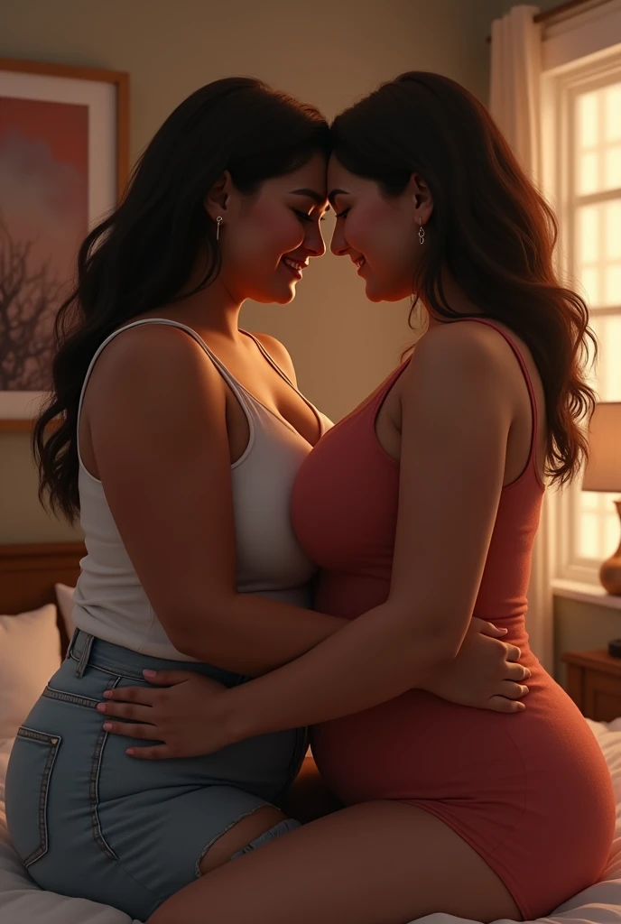 Two obese women together, One with shoulder-length hair and the other with a bun on her head and thick eyebrows.