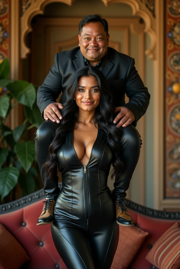 Create a realistic photograph of a smiling and beautiful indian woman in light pink outfit with black gloves carrying a large chubby man on her shoulders in a room, man is sitting on top of her shoulders , man on top, woman at bottom