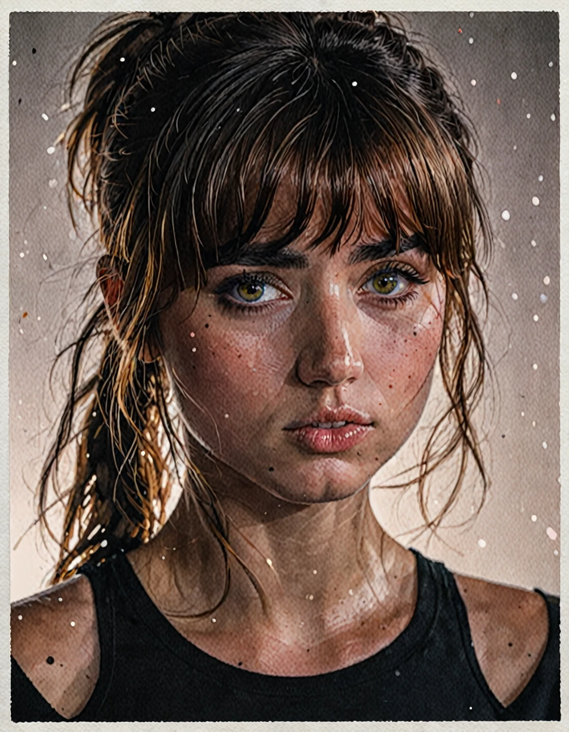 j0i woman,her hair is styled with bangs ,dramatic lighting,volumetric lighting,film grain,cinematic,looking at camera,depth of field,bokeh,wearing black outfit, water colour painting on white paper