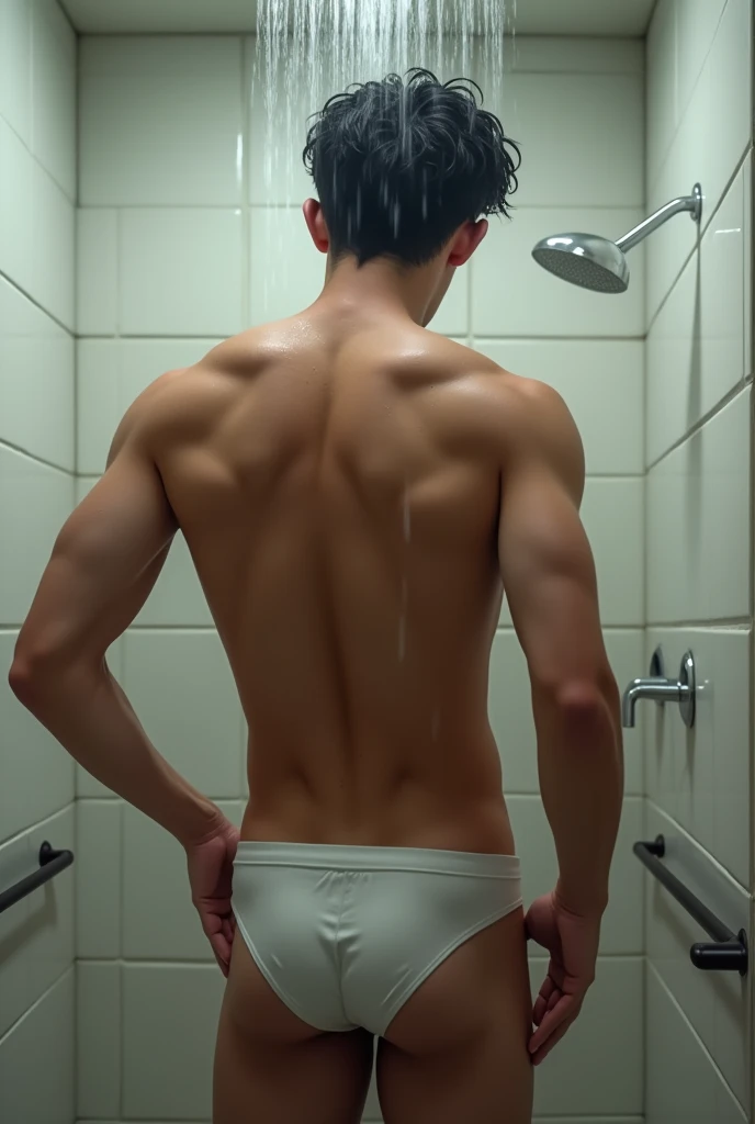 (best quality, 4k, 8k, highres, masterpiece:1.2), ultra-detailed, realistic, asian boy, 12-year-old, solo, slim body, locker room background, full-body shot, wet hair, wet body, soapy, completely nude, bubble butt, backside facing, taking a shower