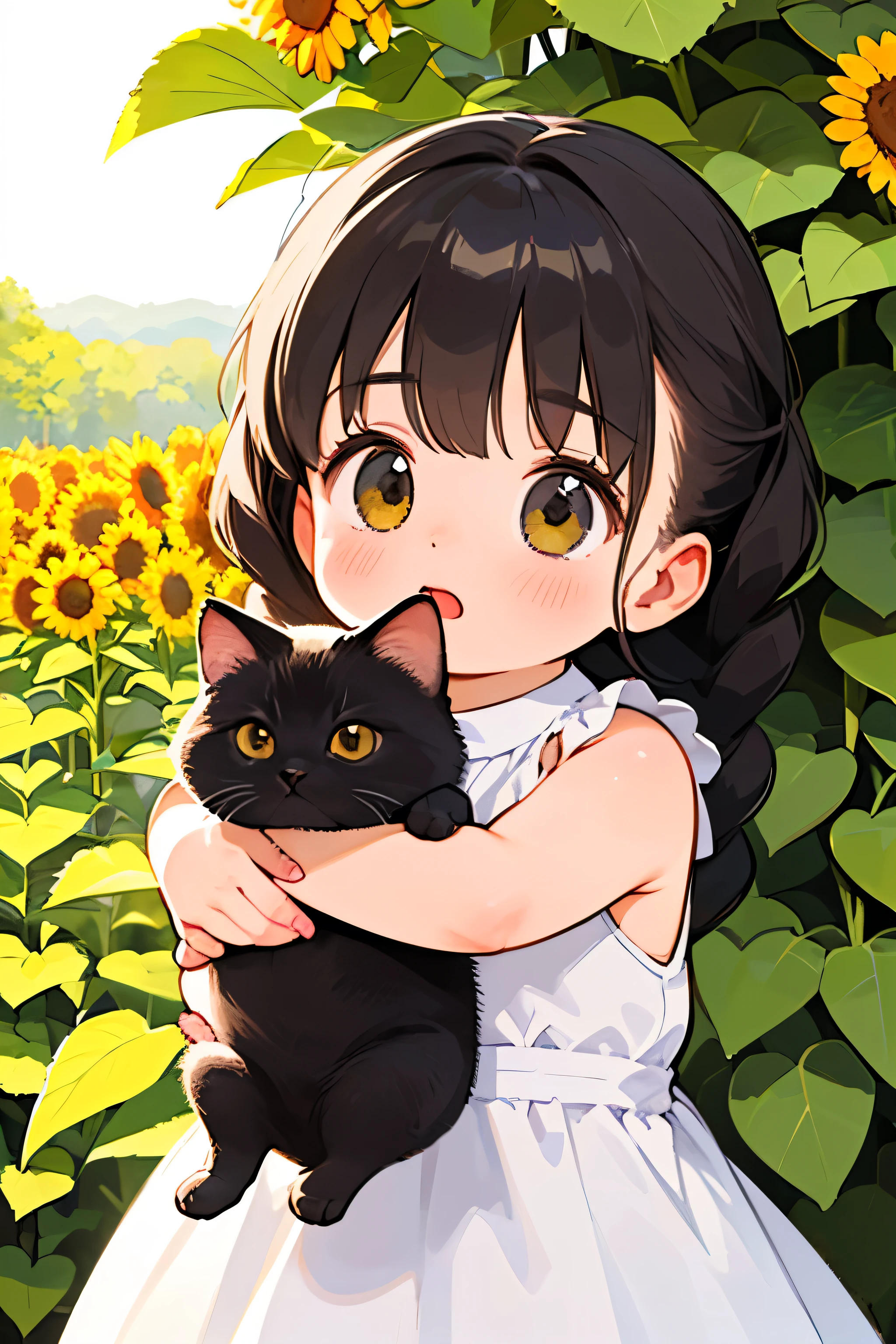 (of the highest quality，32K，High resolution，masterpiece:1.2), Very detailed, (deformed, realist, realist:1.3)，One ，Beautiful，very short stature，，Have fun and laugh, Brown eyes，length, spongy, black hair braids，White sleeveless dress，Hug a cat，The cat is much bigger than the girl.....，The cat is Siamese，その猫はspongy，Summer vacation background、Much larger than a country house garden，many sunflowers，Clothes that become transparent due to sweat.，