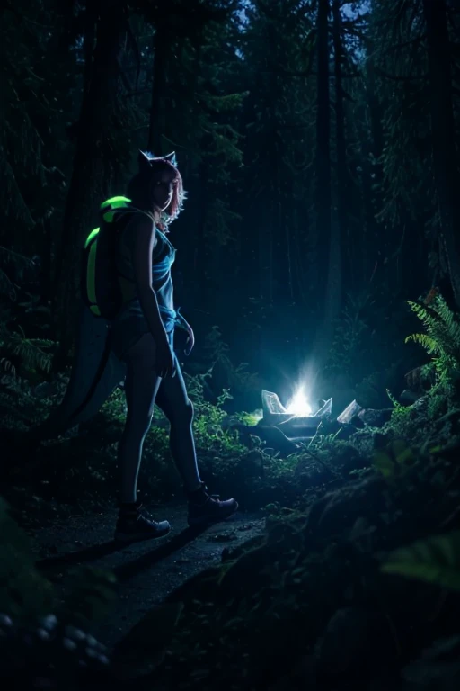 BarbaraEvenot, neon blue cat ear headband, scientist, alien crash site, night, crater, smoke, evergreen forest, alien tentacle rape monster, highly detailed, cinematic lighting, dramatic scenery, photorealistic, 8k, intricate details
