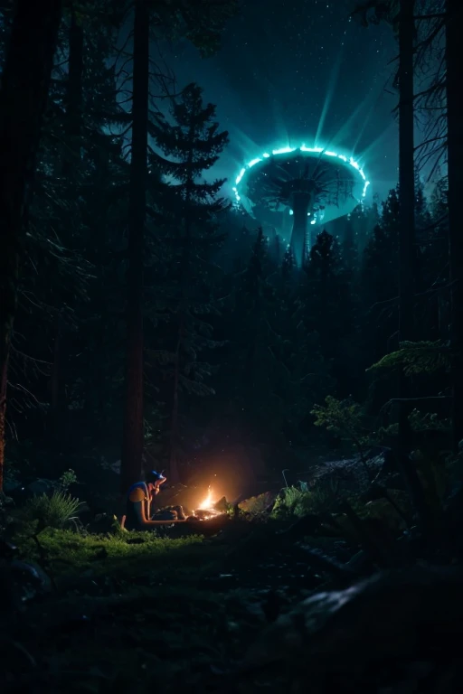 BarbaraEvenot, neon blue cat ear headband, scientist, alien crash site, night, crater, smoke, evergreen forest, alien tentacle rape monster, highly detailed, cinematic lighting, dramatic scenery, photorealistic, 8k, intricate details
