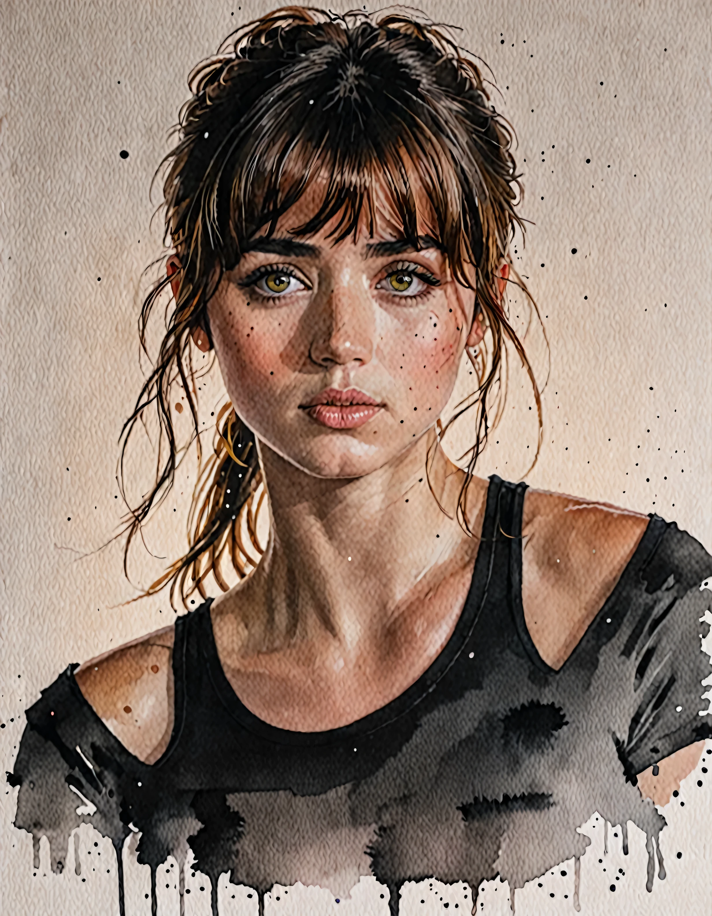 j0i woman,her hair is styled with bangs ,dramatic lighting,volumetric lighting,film grain,cinematic,looking at camera,depth of field,bokeh,wearing black outfit, water colour painting on white paper