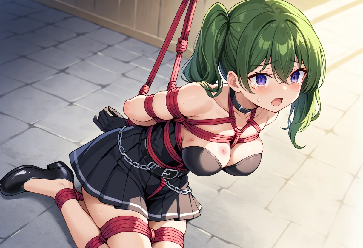 bruise,1girl,green hair, bangs,hair between eyes,side ponytail, purple eyes, black choker, collarbone, sleeveless, black dress,sleeveless dress, halterneck,pleated skirt, black gloves,belt,black footwear ,Very large breasts　Collar with chain(Pulled neck by a chain:1.5) ,crying　Highly detailed face, Perfect lighting,, (Perfect hands, Perfect Anatomy), Very big boobs ,open mouth,whole body((shibari, Put your arms behind your back:1.4)), ((Put your hands behind your back)), ((Tied up with rope)), ((Tie your hands behind your back)), ((Rope Restraints),(ecstasy:1) ,(slut:1.2),(vulgarity:1.3),(fucked silly:1.1),(steam:1.7),(Wet:0.8),(trembling:0.8),(sweat:1.1),(Bruise:1.7),(public indecency:1.5)