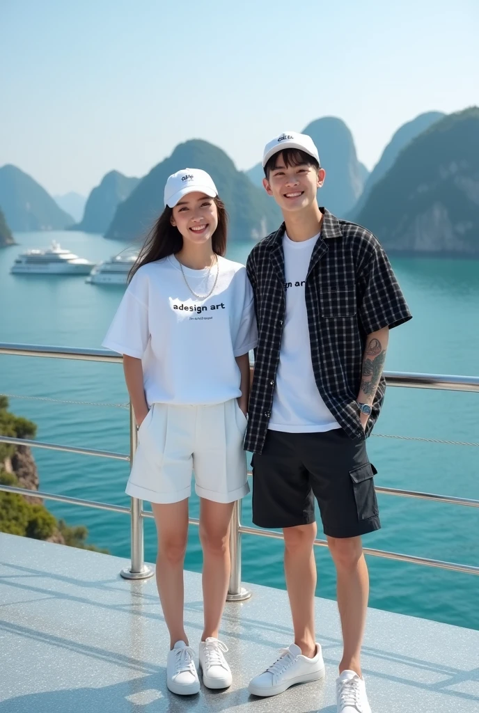 ASIAN couple, 22 year old man with short hair, white Levis trousers, Snapback hat, wearing white Nike shoes. plain white short t-shirt. 20 year old beautiful Asian woman. Long straight black hair, neat, wearing a plain white t-shirt, baseball cap, wearing dark blue Levis trousers. the two of them walked hand in hand, very romantic, full of smiles. both t-shirts say (I love 💜)background
Sydney Opera House, in the morning
HD resolution, hyperrealistic, real., photo, cinematic, fashion