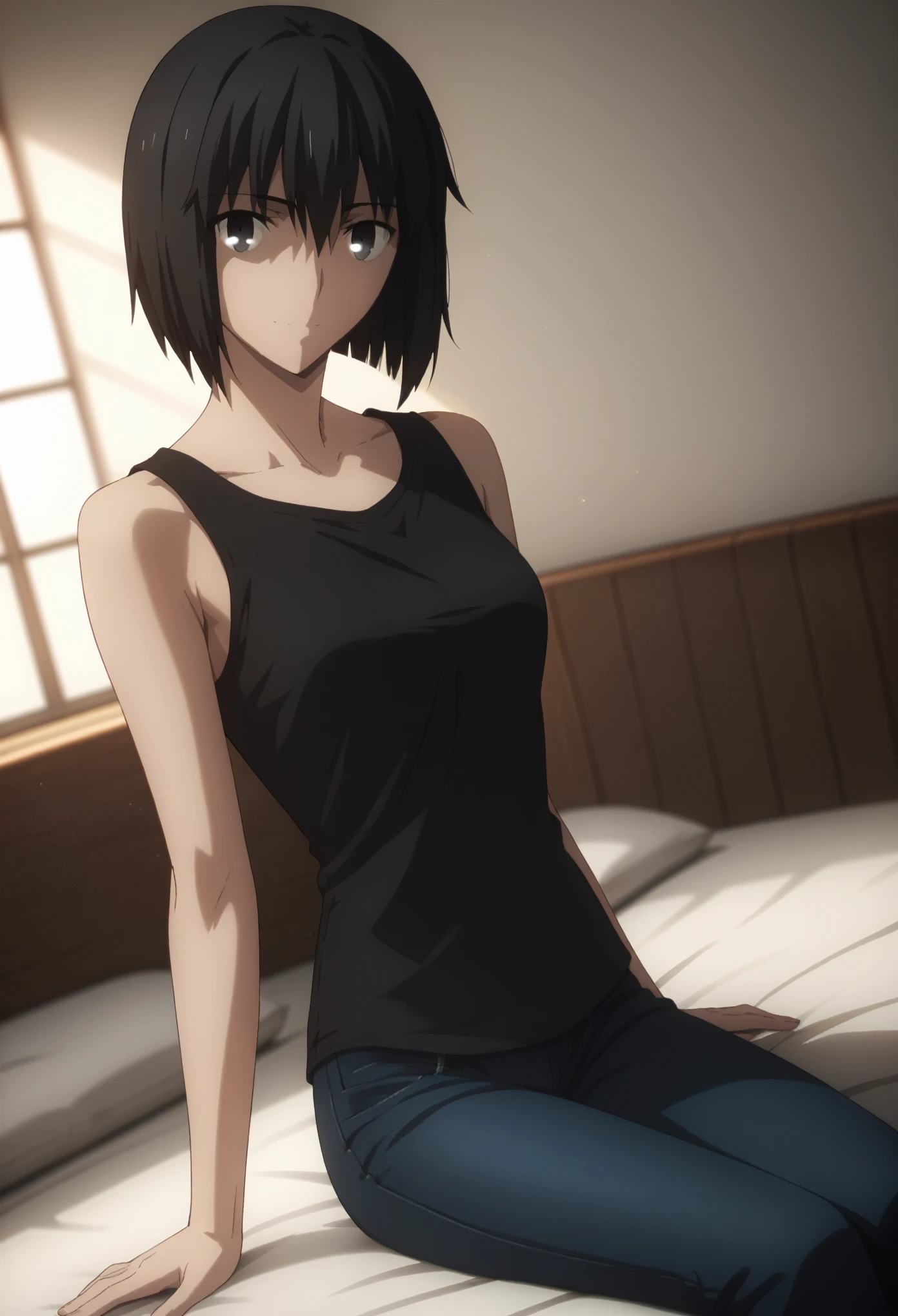 sauce_anime, ambient light,
fsn_ubw_style, 1girl ,tall girl, straight hair ,bob cut hair, black hair, deep black eyes, hair between eyes, perfect eyes , Perfect face, expressive eyes, close up face:0.2 ,
(undress black shirt),, detailed denim pants, (slender body), slim body,
indoors, bed, realistic bed room, sitting, ,
cowboy shot, looking at viewer, solo, dutch angle, light smile, medium breast,