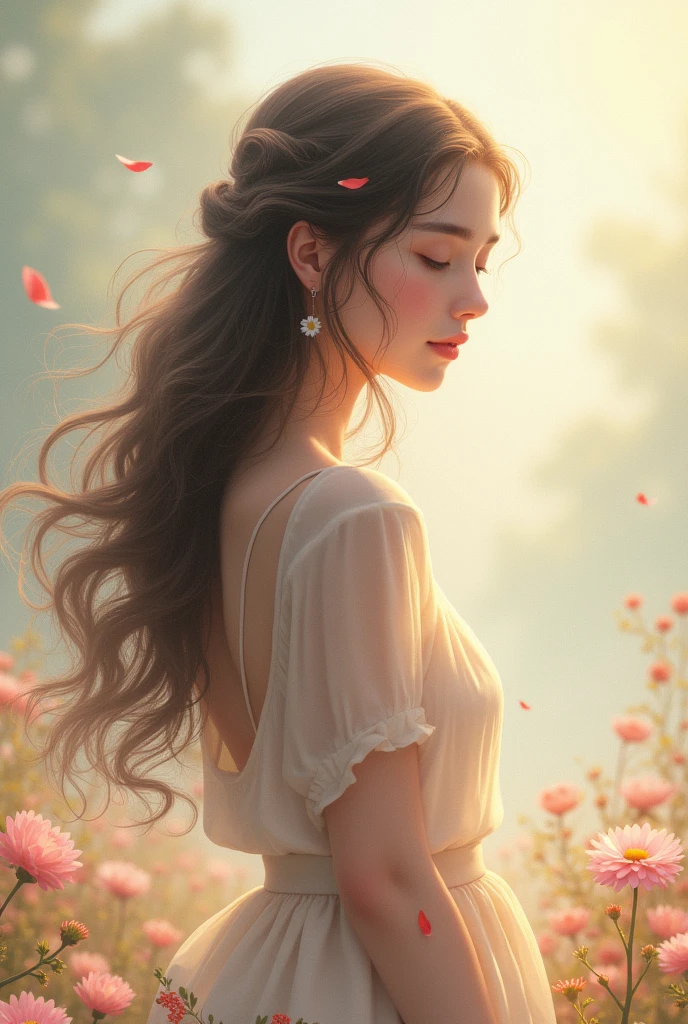 Closeup of a girl in white dress crying, there is a field of flowers with a mountain in the background, beautiful digital painting, floral environment, 4k highly detailed digital art, gorgeous digital painting, dreamy landscape, 8 k resolution digital painting, 8k resolution digital painting, beautiful digital artwork, floral sunset, 4k hd matte digital painting, 8k digital painting, dreamlike digital painting, 4k digital painting