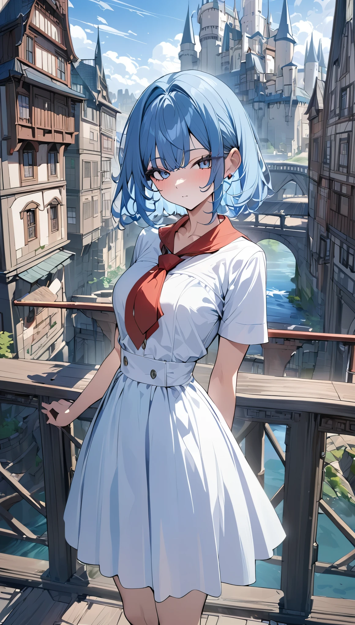 1girl,bangs,blue_hair,blue_sky,bridge,building,castle,city,cityscape,cloud,day,dress,looking_at_viewer,outdoors,red_neckwear,red_ribbon,ribbon,river,short_hair,short_sleeves,sky,skyscraper,solo,standing,town,water,(masterpiece,anime,newest,new,exceptional:1.2),