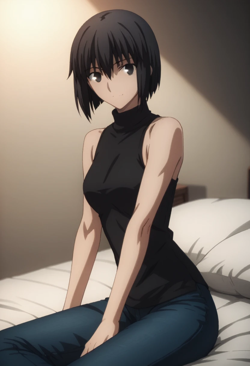 sauce_anime, ambient light,
fsn_ubw_style, 1girl ,tall girl, straight hair ,bob cut hair, black hair, deep black eyes, hair between eyes, perfect eyes , Perfect face, expressive eyes, close up face:0.2 ,  
(turtleneck black shirt),, detailed denim pants, (slender body), slim body,
indoors, bed, realistic bed room, sitting, Stretching upwards ,
cowboy shot, looking at viewer, solo, dutch angle, light smile, medium breast, 