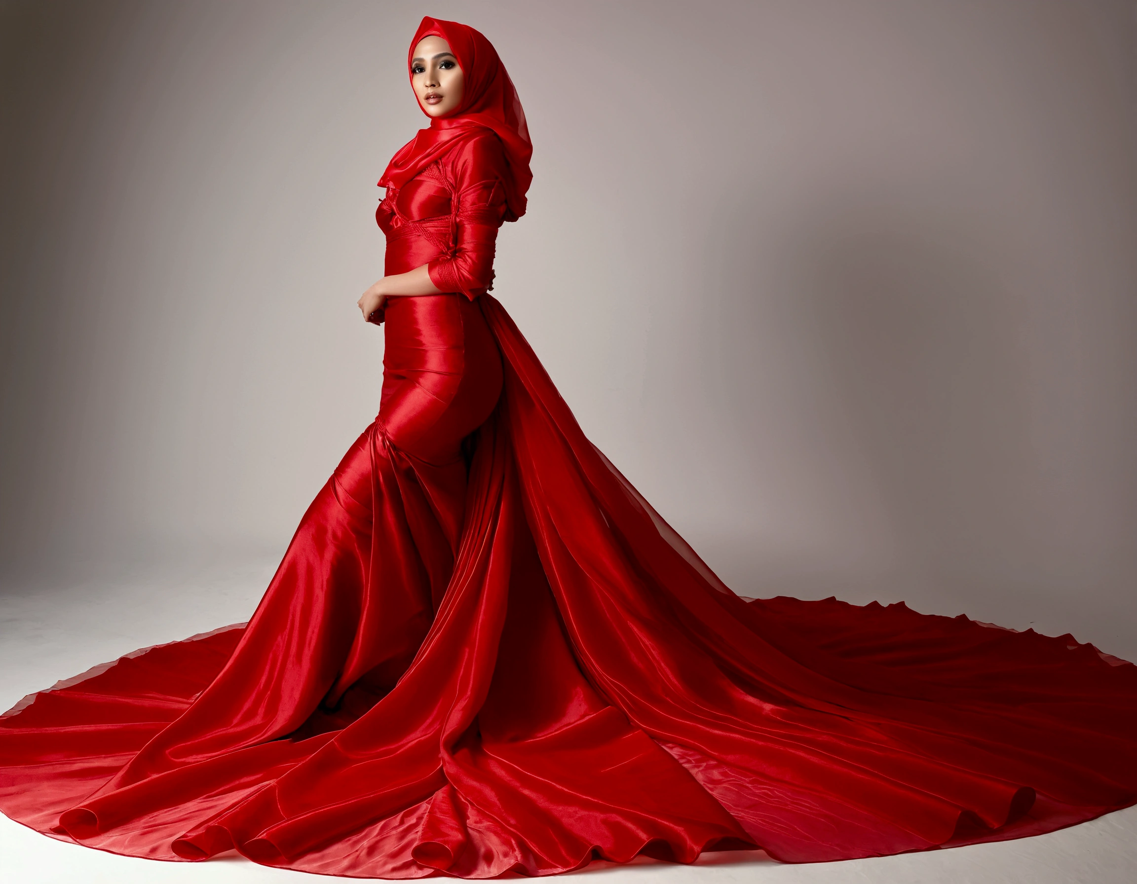 A woman shrouded in 9 meters of red organza, tight wrapped from the waist to the thighs and mermaid shape on the bottom of dress, tied tightly and magnificently draped along her body shape, 9 meter long flowing dress tail on the floor, strugle to handle her dress,styled in mermaid inspired clothing, her head is simply veiled in a satin hijab, 185cm tall woman, standing in photo studio, full body pose conveying an elegant impression, caught on camera in resolution 4k, very realistic