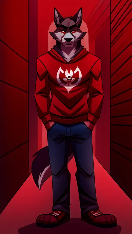 (masterpiece, best quality:1.2),  Vortex male hellhound, black fur, wolves, furry, helluva boss, sad face, wearing blue jeans and white t-shirt with red sweatshirt, full body image, hell streets background